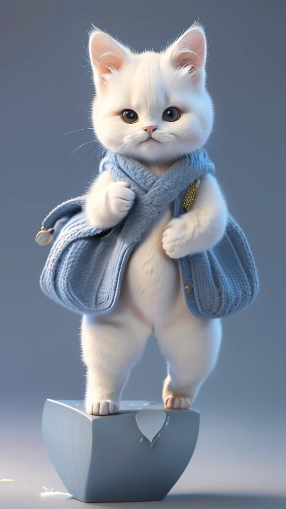 “A unique and dynamic depiction of a white cat wearing a blue judo uniform standing in a human-like posture with feet shoulder-width apart and arms down, high-definition, 8K image, background with a grey gradient.”