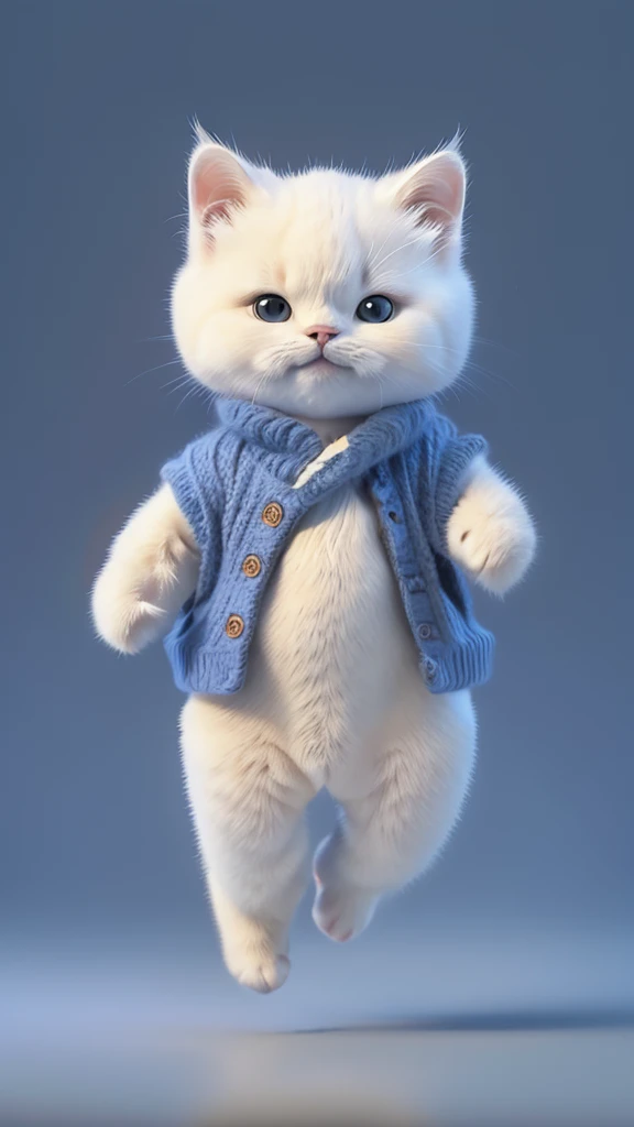 “A unique and dynamic depiction of a white cat wearing a blue judo uniform standing in a human-like posture with feet shoulder-width apart and arms down, high-definition, 8K image, background with a grey gradient.”