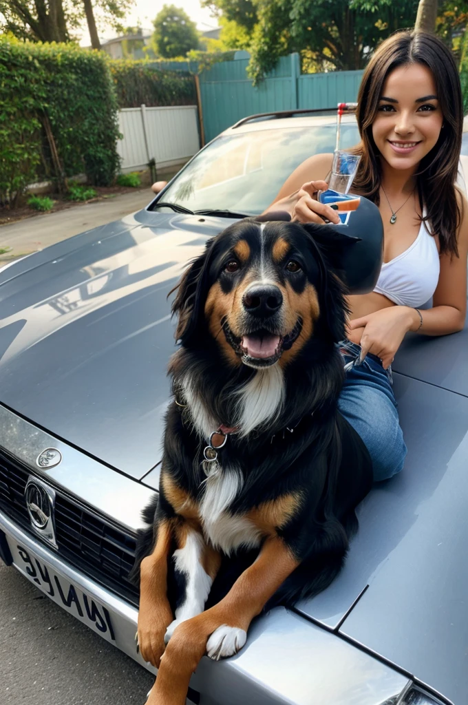 give me a photo of dog sitting on a car and drinking alcohol 