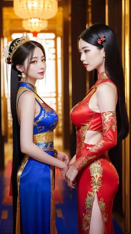 (((Two Chinese beauties)))、((Standing side by side))、((Back view))、((Turn around here))、((The beautiful woman on the right is wearing a bright red outfit))、(((The beauty on the left is wearing a royal blue outfit.)))、((Two beautiful women in different colored costumes))、21 years old、(Very heavy makeup:1.2)、(Slanted Eyes:1.3)、(long narrow eyes:1.3)、Shiny Hair、Glowing Skin、Very white skin、Jet Black Hair、Straight long hairstyle、Big eyes、Double eyelids、Luxury Chinese palace、(Standing in the palace corridor)、(Golden luxurious hair ornament)、(Patterned costume of a Chinese queen)、Luxurious and gorgeous、(huge breast:1.3)、(Exposed Skin:1.4)、(Smile with your mouth closed)、((Angle of view from chest up))、((right side girl brilliant red))、((left side girl royal blue))
