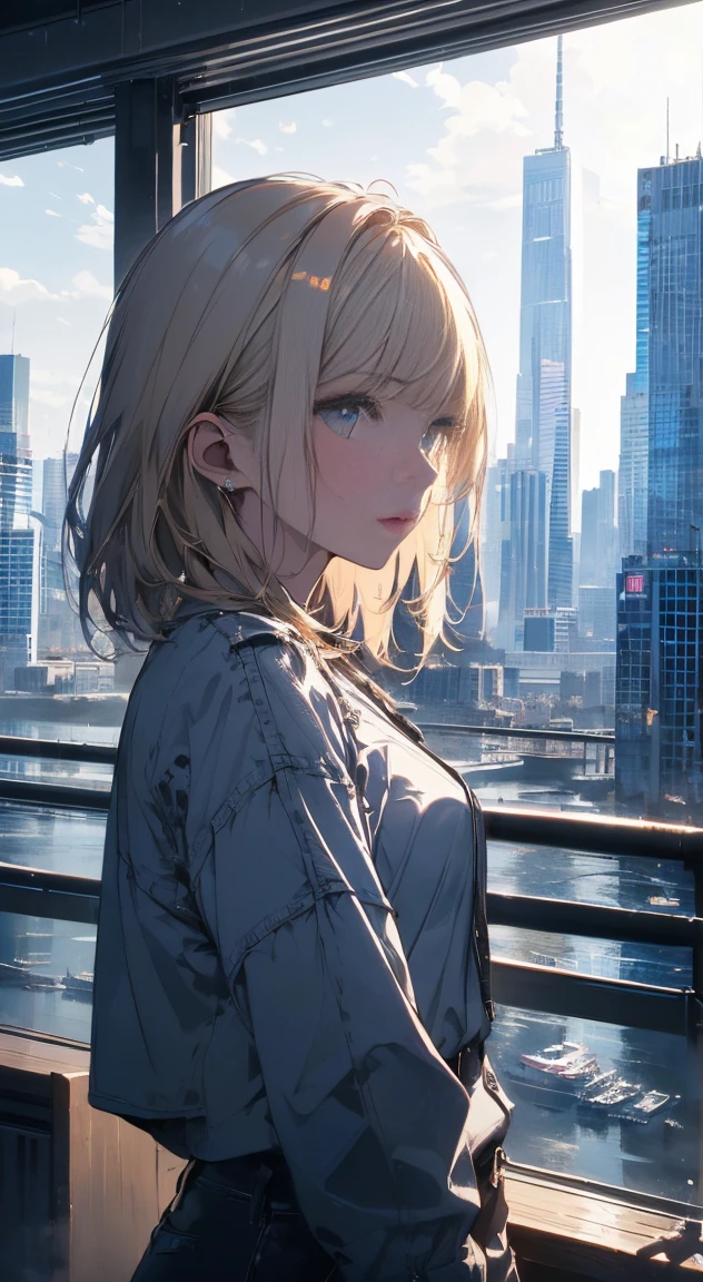 (Official Art、Highest quality、unity 8k wallpaper、32k、masterpiece、Very detailed、超A High resolution、Realistic、Realistic:1.2)、(Cinema Lighting:1.2), High resolution, (masterpiece: 1.4), Very detailed, One Girl, Platinum Blonde, Medium Hair, Skyscraper facade windows, Cowboy Shot,