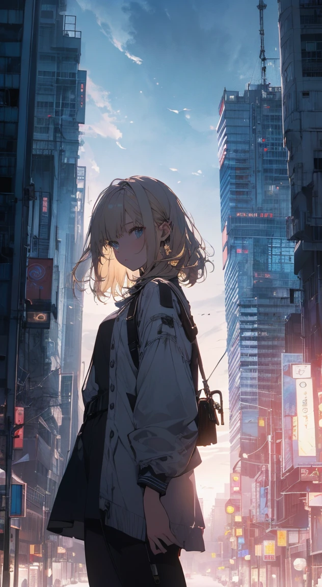 (Official Art、Highest quality、unity 8k wallpaper、32k、masterpiece、Very detailed、超A High resolution、Realistic、Realistic:1.2)、(Cinema Lighting:1.2), High resolution, (masterpiece: 1.4), Very detailed, One Girl, Platinum Blonde, Medium Hair, Skyscraper facade windows, Cowboy Shot,