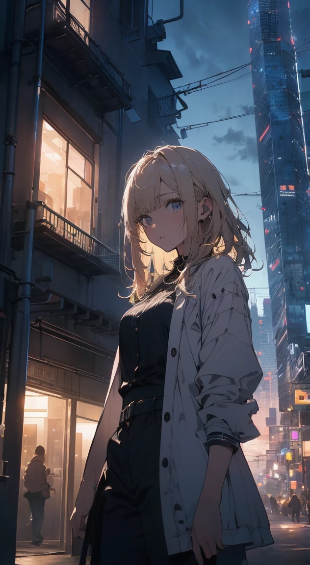 (Official Art、Highest quality、unity 8k wallpaper、32k、masterpiece、Very detailed、超A High resolution、Realistic、Realistic:1.2)、(Cinema Lighting:1.2), High resolution, (masterpiece: 1.4), Very detailed, One Girl, Platinum Blonde, Medium Hair, Skyscraper facade windows, Cowboy Shot,