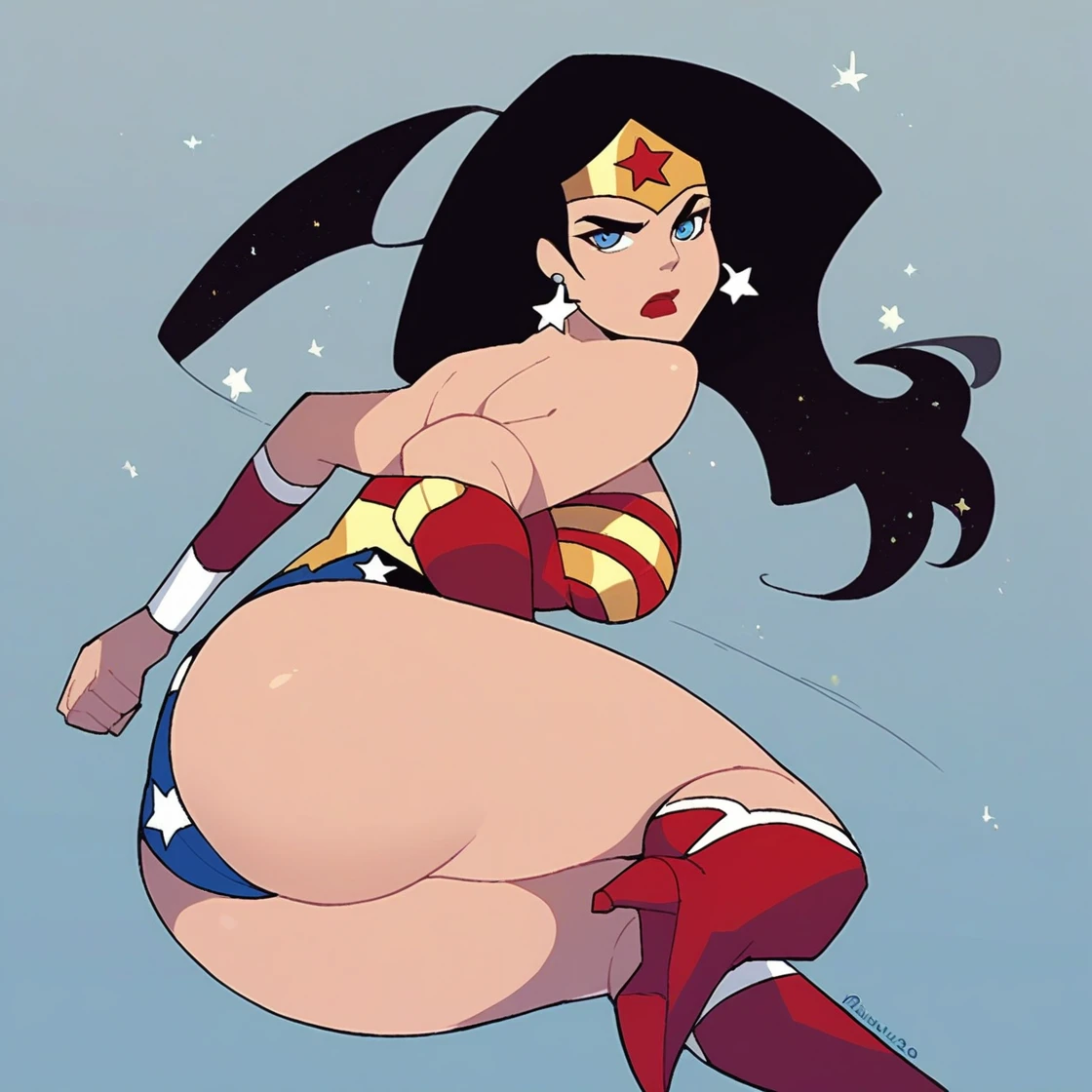 score_9, score_8_up, score_7_up, score_6_up, absurdres, best quality, source_cartoon, simple background, portrait, wwjl, 1girl, long hair, breasts, lipstick, black hair, bare shoulders, jewelry, earrings, lasso, lasso of truth, wonder woman, vambraces, strapless, boots, star, (symbol), red strapless top, pantsed, bare ass, annoyed, tiara, red footwear, bracer, star earrings, high heel boots, star print, rear view,