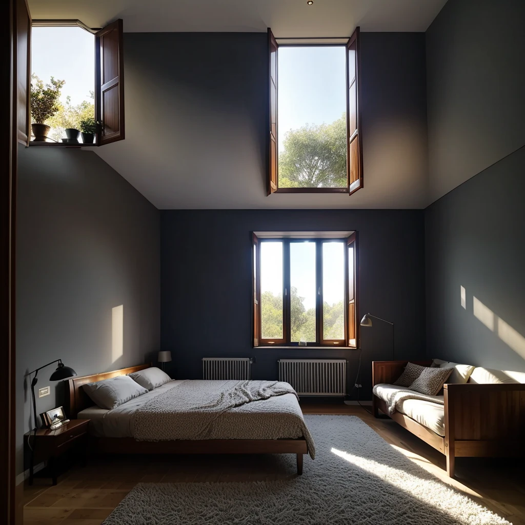 a dark bedroom with some sun light pass through the window