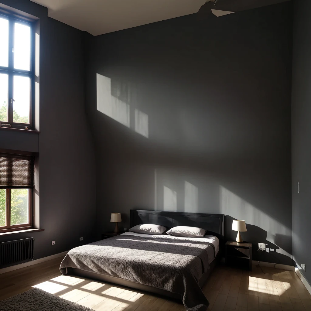 a  dark bedroom with some sun light pass through the window