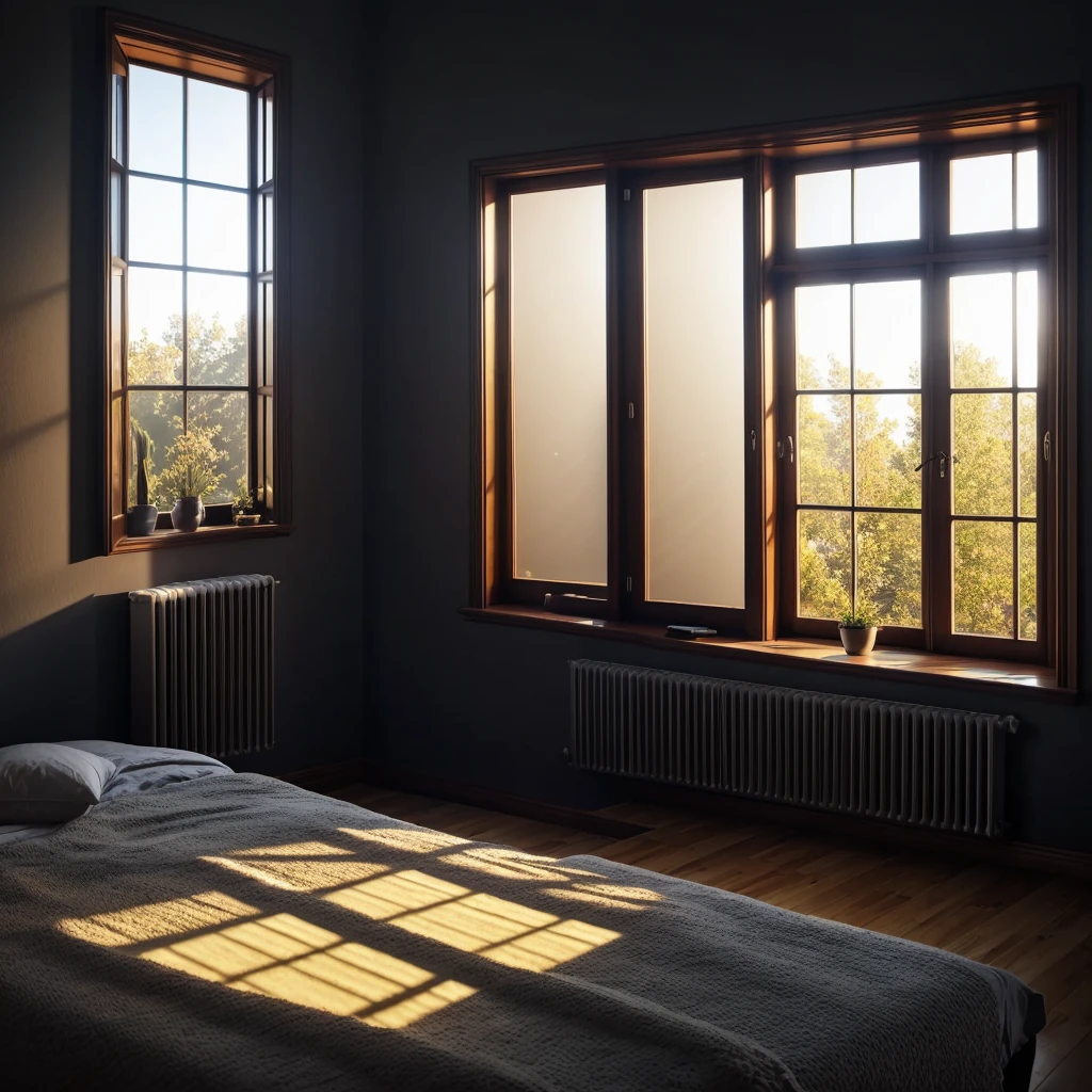 a  dark bedroom with some sun light pass through the window