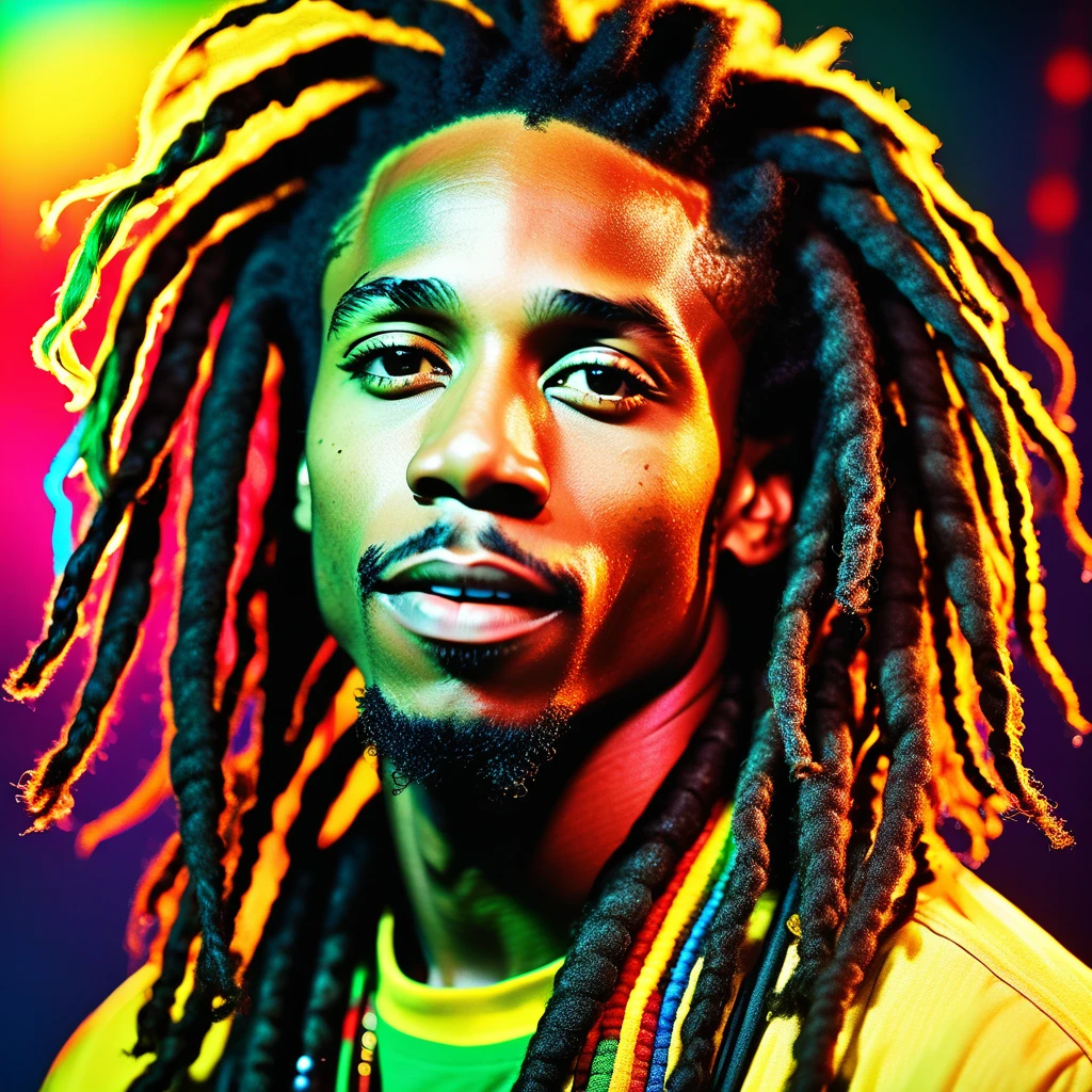a close-up photo of 1 black male, reggae superstar "Marley Blaze", detailed facial features, dreadlocks, warm lighting, studio lighting, neon lights, vibrant colors, 80s aesthetic, photorealistic, highly detailed, sharp focus, 8k, best quality