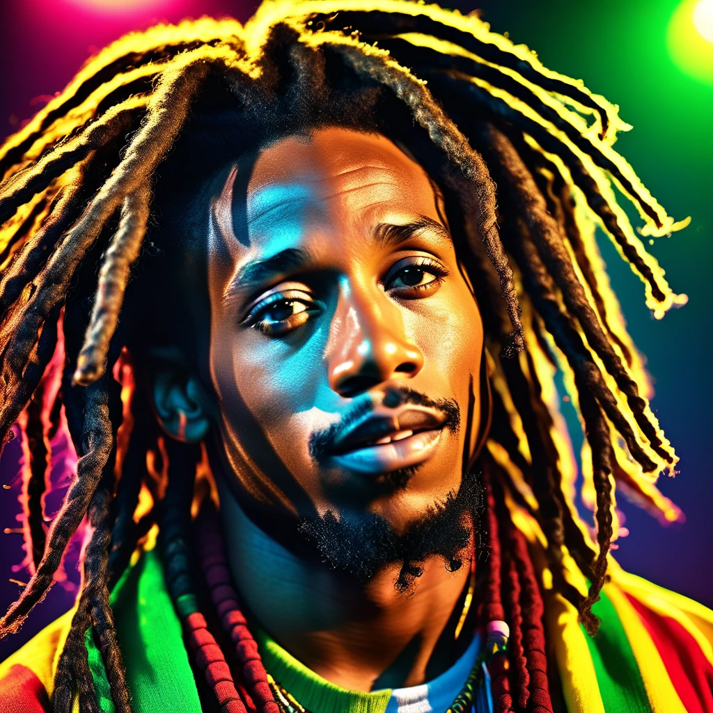 a close-up photo of 1 black male, reggae superstar "Marley Blaze", detailed facial features, dreadlocks, warm lighting, studio lighting, neon lights, vibrant colors, 80s aesthetic, photorealistic, highly detailed, sharp focus, 8k, best quality