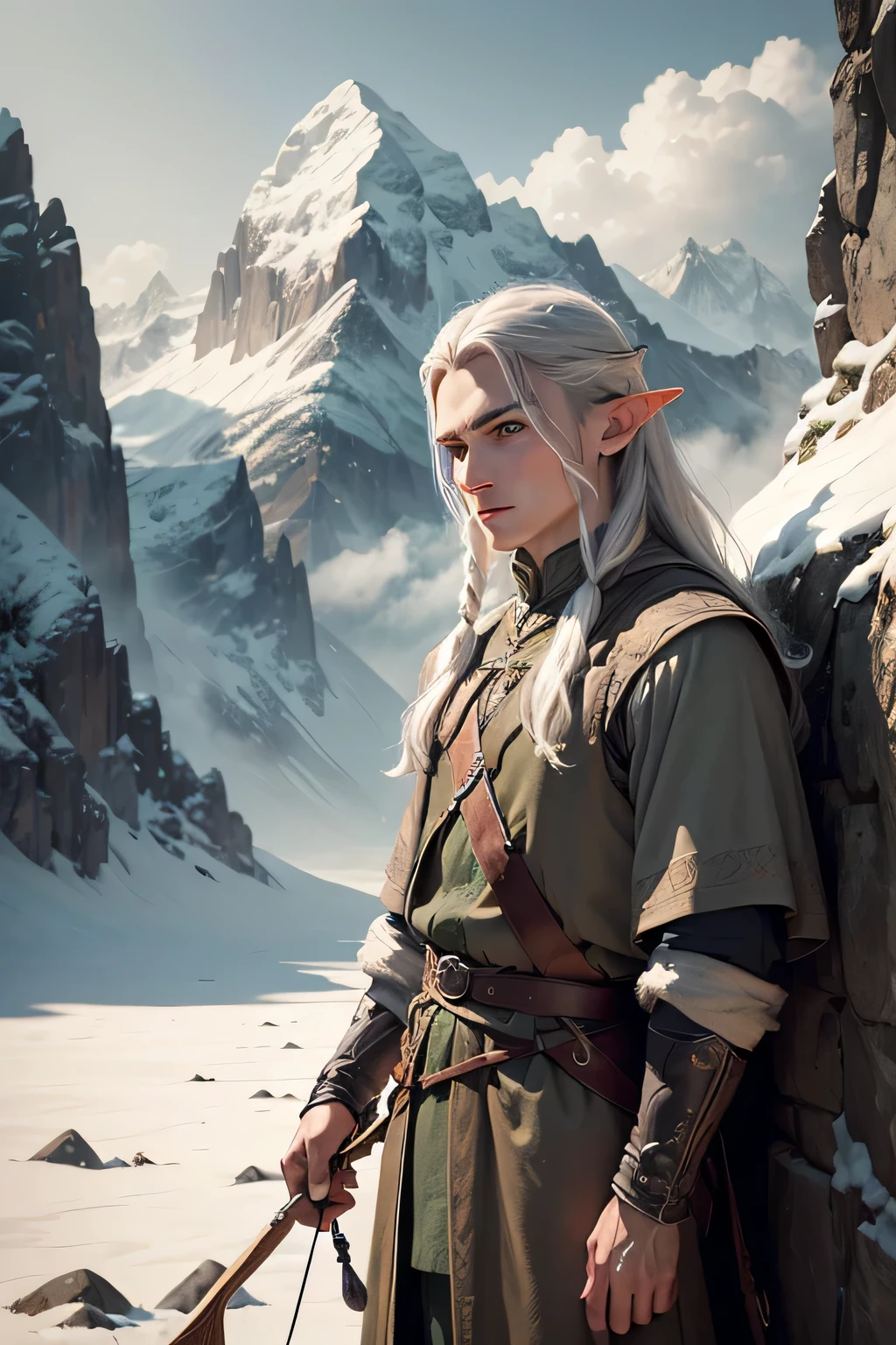 ((best qualityer)), ((work of art)), (detailded), 4K, hight contrast, work of art, 1 male Legolas elf , glad ,long light gray hair,in the background magnificent mountains ,similar to the works of JRR Tolkien, clear lighting, detailed shadows
