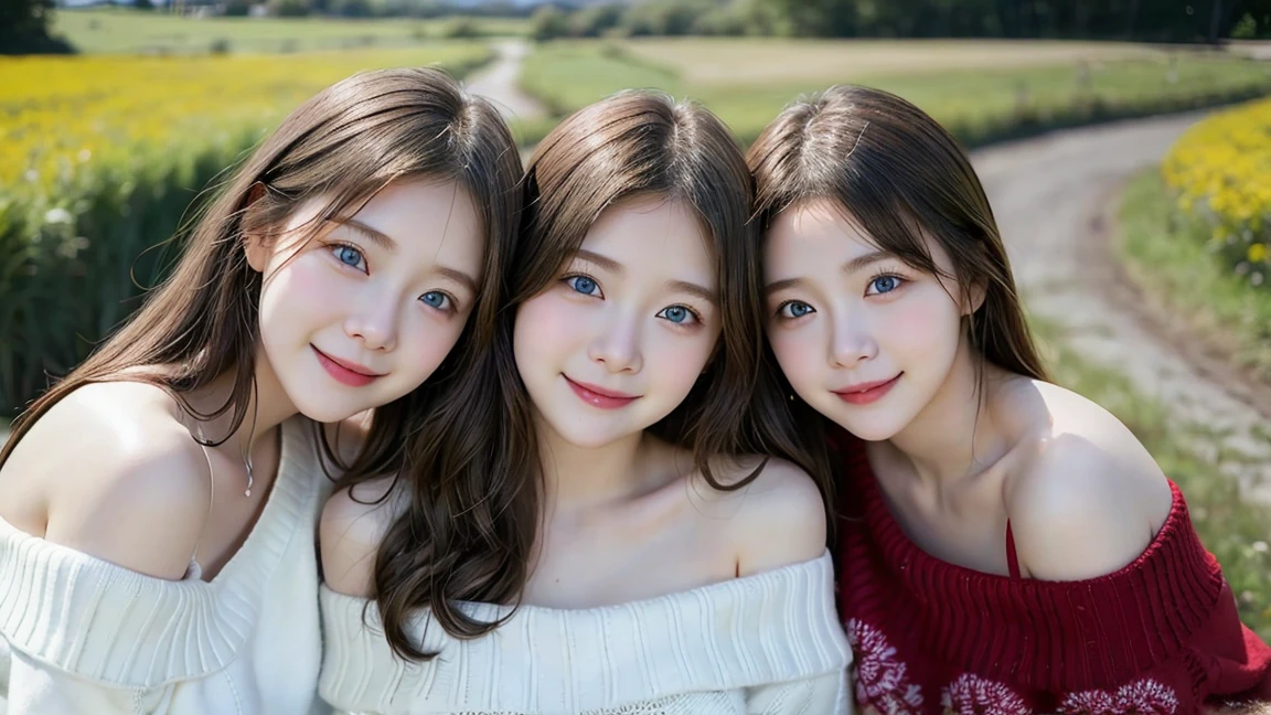 (3 girls), Young faceอินโดนีเซีย, 12 years,smile, white skin, Round breast, blue eyes,((Wear a red off-the-shoulder sweater that reveals your chest.))Masterpiece, Highest quality, 8K, beautiful girl, Young face、 photography, Cute face, thigh,In the meadow, Embarrassing、รอยsmile、((((((อายุ 12 years))))))、small waist、 ((Busty breasts))