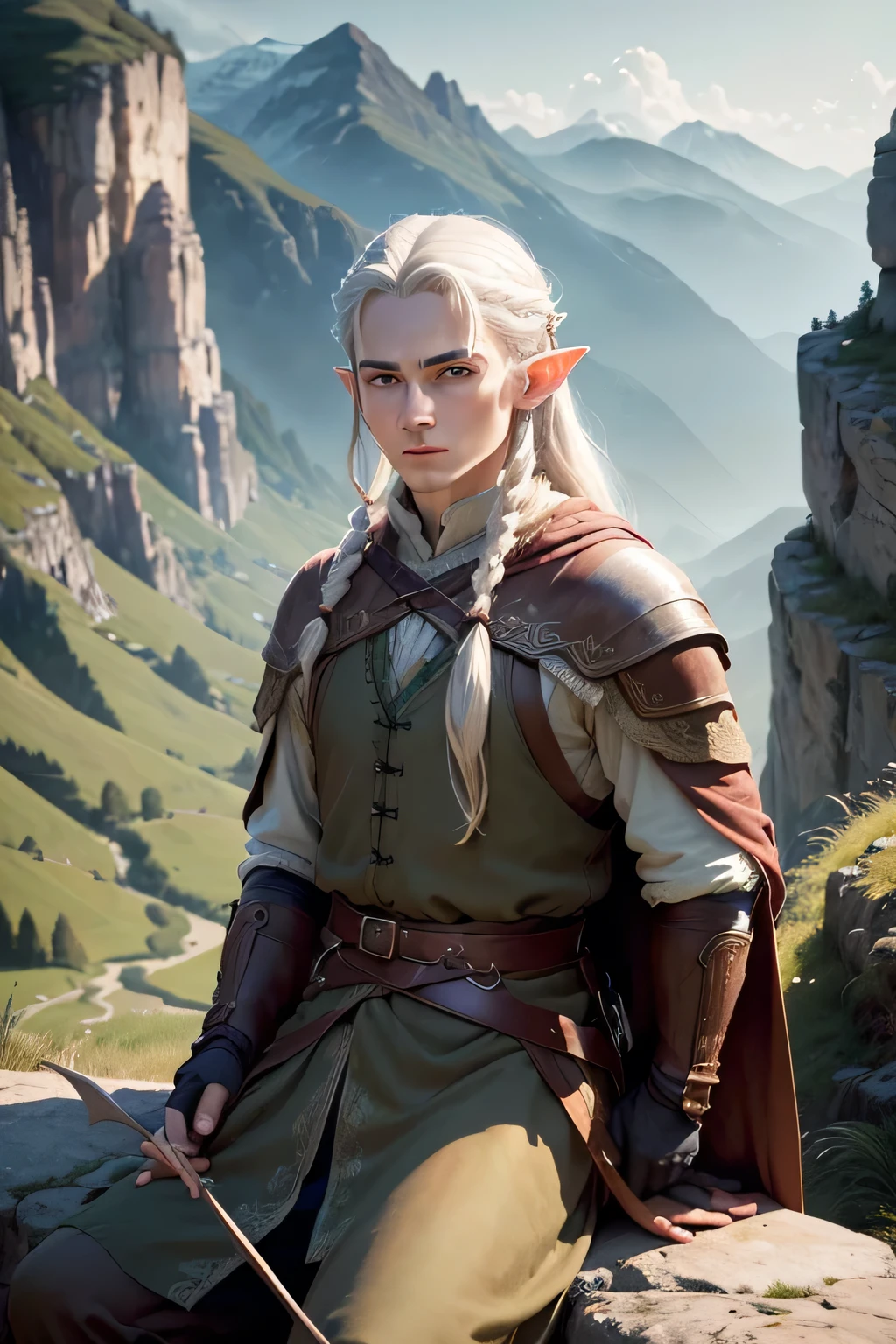 ((best qualityer)), ((work of art)), (detailded), 4K, hight contrast, work of art, 1 male Legolas elf , glad ,long light gray hair,in the background magnificent low valleys ,similar to the works of JRR Tolkien, clear lighting, detailed shadows