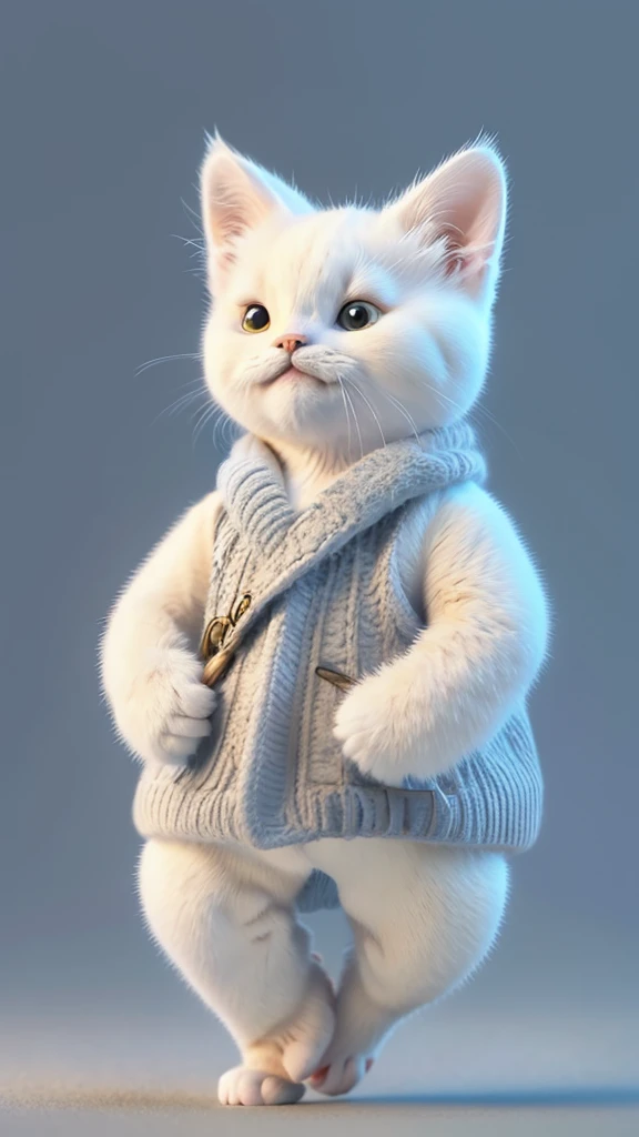“A unique and dynamic depiction of a white cat wearing a blue judo uniform standing in a human-like posture with feet shoulder-width apart and arms down, high-definition, 8K image, background with a grey gradient.”