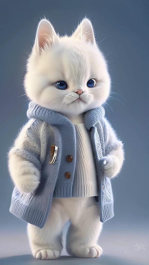 “A unique and dynamic depiction of a white cat wearing a blue judo uniform standing in a human-like posture with feet shoulder-width apart and arms down, high-definition, 8K image, background with a grey gradient.”