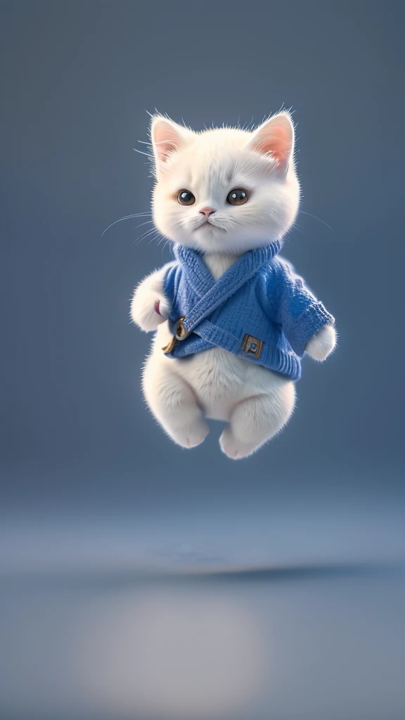 “A unique and dynamic depiction of a white cat wearing a blue judo uniform standing in a human-like posture with feet shoulder-width apart and arms down, high-definition, 8K image, background with a grey gradient.”