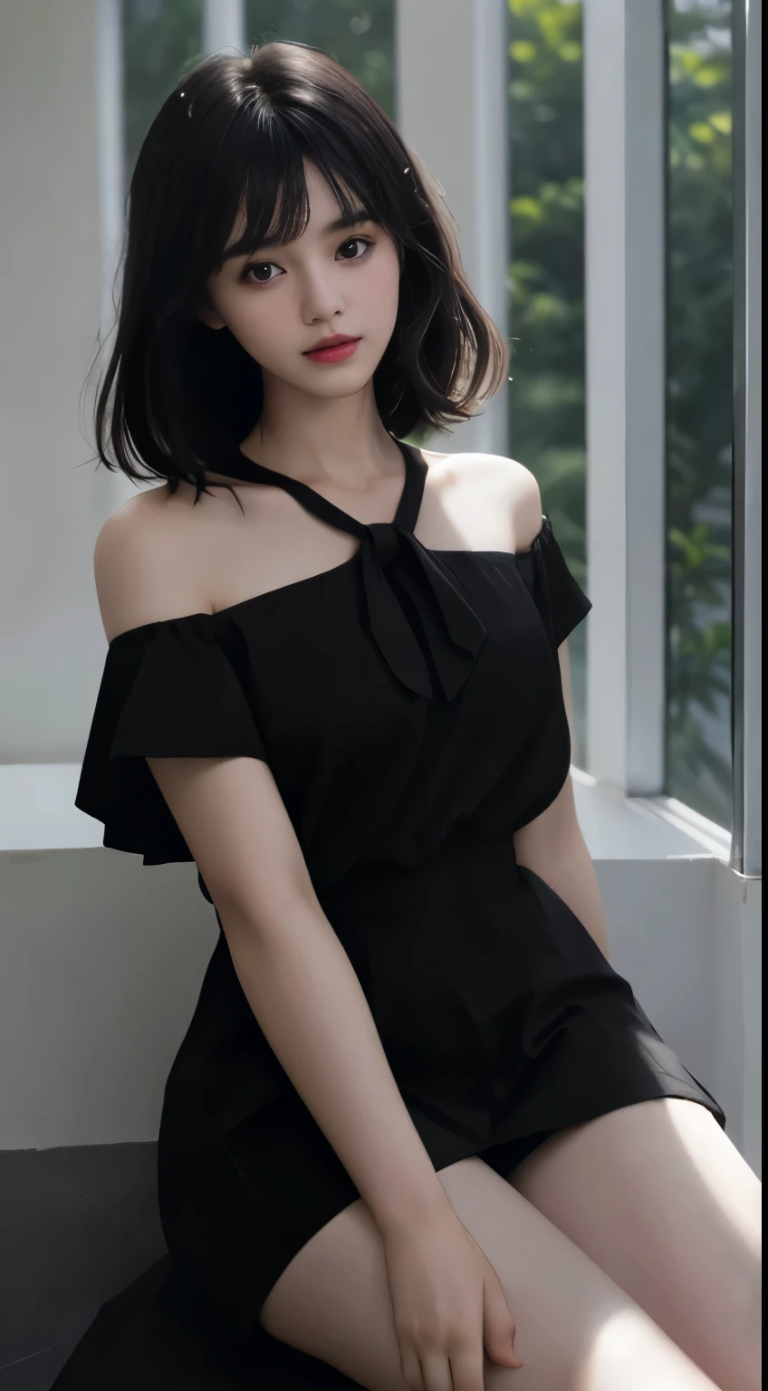best qualtiy，tmasterpiece，Ultra-high resolution，（Fidelity：1.4），（Ultra photo realsisim）， （A high resolution）， （8K），RAW photogr，1girll，cropped shoulders，cinmatic lighting, ssmile,short detailed hair，Black shawl straight hair，46 points oblique bangs，High-definition detail、Hyper-detailing、cinematic ligh、Ultra-realistic realism、Soft light、Deep field focus bokeh、with short black hair，White skin，famousartwork，s the perfect face，beauitful face，beautidful eyes，（（Perfect female body））