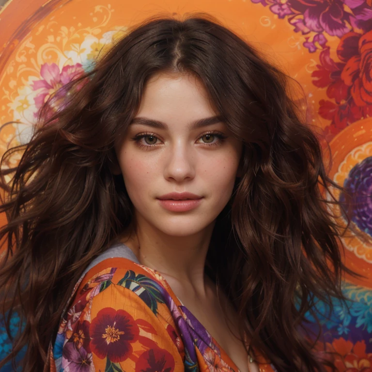 Captured in an eye-level close-up, a vibrant portrait of a young woman is the focal point. Her face, adorned with a colorful floral print, is framed by an orange and purple swirl pattern background. Her hair, dark brown and curly, cascades down her shoulders, adding to the overall aesthetic of the painting. Her eyes, a striking shade of brown, are accented by a rosy blush on her cheeks. Her mouth, slightly open, reveals a hint of a smile.