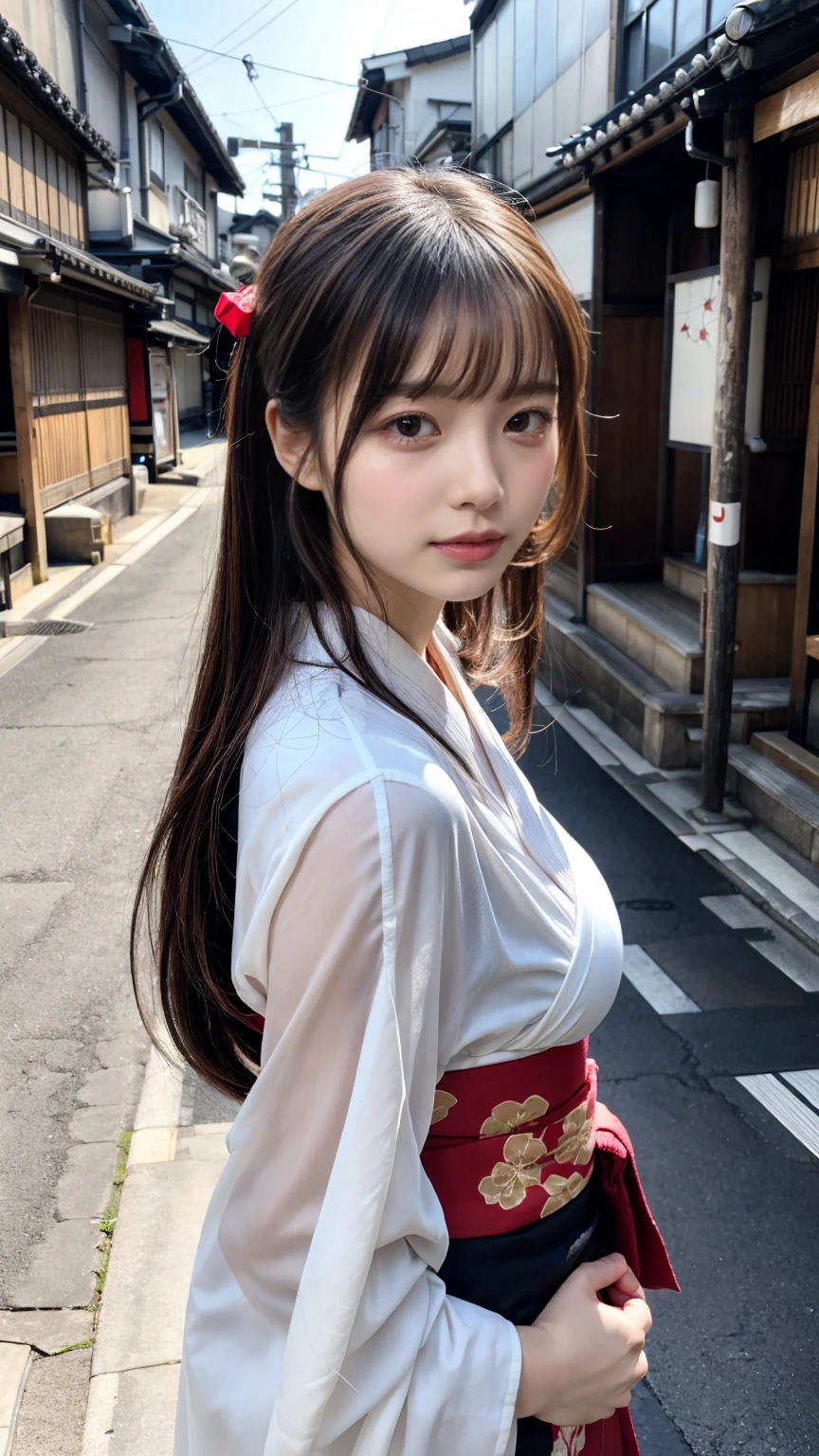 professional lighting,(Photoreal:1.4), (Top image quality:1.0), (超A high resolution:1.0), 8k, Raw photography, (masterpiece:0.2), (Pueros face_v1:0.5)、(highest quality Detail:1.2)、realistic、8k UHD、High resolution、(1 girl:1.2)、Super detailed、High quality textures、intricate details、detailed、Very detailed CG、High quality shadows、detailed Beautiful and delicate face、Beautiful details and delicate eyes、(symmetrical eyes:1.2),Depth of the bounds written、ray tracing,1 girl, japanese girl,cute, large breasts, Portrait of a beautiful Japanese woman wearing a kimono, Standing elegantly on a street corner in Kyoto. A kimono with bright traditional patterns, Hair decorated with an elegant and delicate hairpin, and a gentle expression. (Against the backdrop of the old streets of Kyoto:1.4)、soft light on a spring afternoon、adds tranquility to the scene. Rendered in a realistic style with great attention to detail, High resolution images.sky porn, magic hour, (realistic:1.3), finely, quality, (table top:1.2), (realistic:1.2), (highest quality), (Complex details), dramatic, ray tracing, photograph, +roller