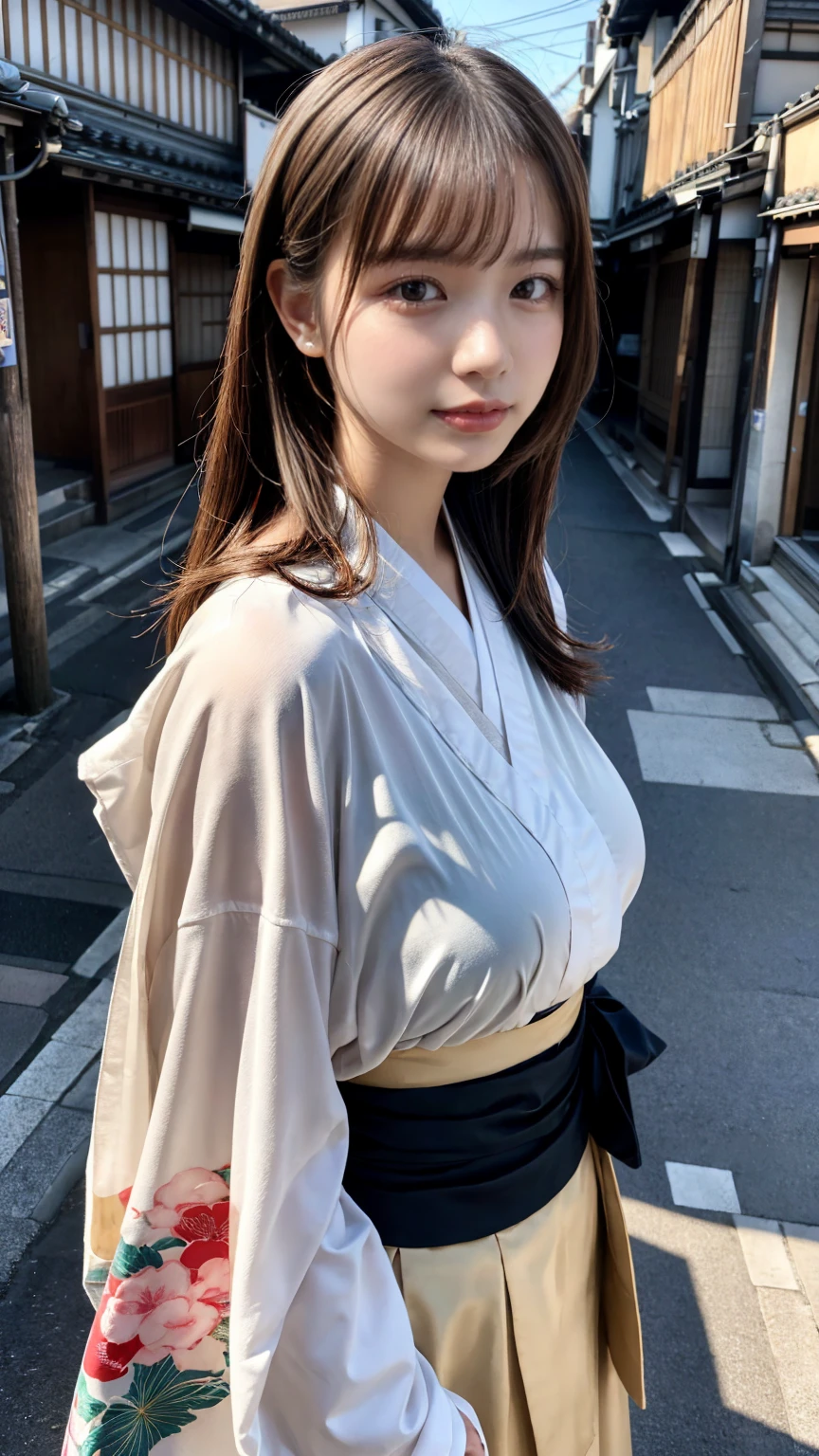professional lighting,(Photoreal:1.4), (Top image quality:1.0), (超A high resolution:1.0), 8k, Raw photography, (masterpiece:0.2), (Pueros face_v1:0.5)、(highest quality Detail:1.2)、realistic、8k UHD、High resolution、(1 girl:1.2)、Super detailed、High quality textures、intricate details、detailed、Very detailed CG、High quality shadows、detailed Beautiful and delicate face、Beautiful details and delicate eyes、(symmetrical eyes:1.2),Depth of the bounds written、ray tracing,1 girl, japanese girl,cute, large breasts, Portrait of a beautiful Japanese woman wearing a kimono, Standing elegantly on a street corner in Kyoto. A kimono with bright traditional patterns, Hair decorated with an elegant and delicate hairpin, and a gentle expression. (Against the backdrop of the old streets of Kyoto:1.4)、soft light on a spring afternoon、adds tranquility to the scene. Rendered in a realistic style with great attention to detail, High resolution images.sky porn, magic hour, (realistic:1.3), finely, quality, (table top:1.2), (realistic:1.2), (highest quality), (Complex details), dramatic, ray tracing, photograph, +roller