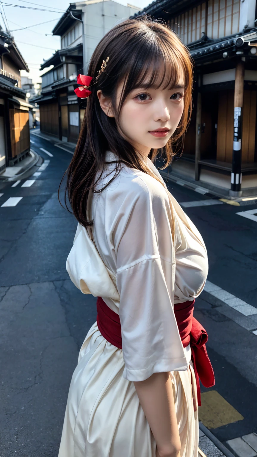 (Top Quality, 16k, Masterpiece: 1.3)), 1 Girl, Sharp Focus: 1.2, Beautiful Women with Perfect Figure: 1.4, Slender Abs: 1.2, (((Short Bob Hair)), ((Small: 1.4)), ((Beautiful Face Model: 1.3)), ((White Kimono of Transparent Fabric: 1.5)), Highly Detailed Face and Skin Texture, Detailed Eyes, Double Eyelids, (((Pause)), (Seductive)), Walking, Kyoto Streetscape