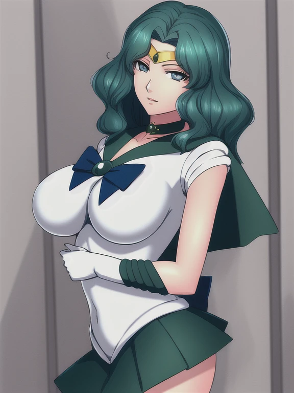 KaiouMichiru, large breasts, standing, solo, green_sailor_senshi_uniform,_blue_bowtie,_blue_backbow,_green_skirt, masterpiece, best quality, detailed face, detailed eyes, highres,