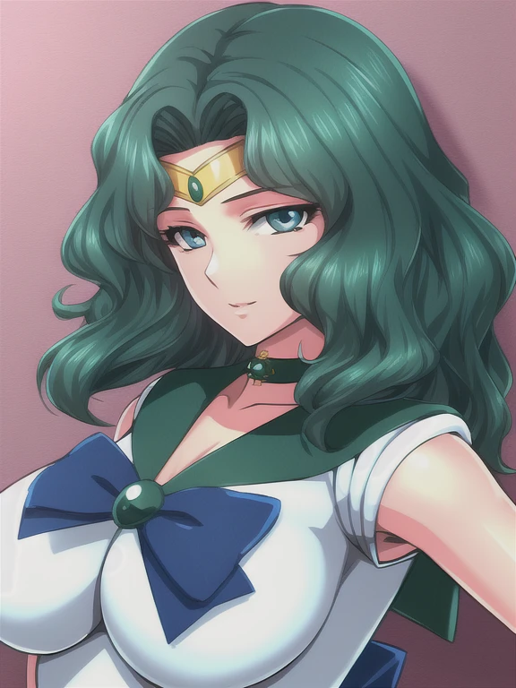 KaiouMichiru,  large breasts, standing, solo, green_sailor_senshi_uniform_blue_bowtie_blue_backbow_green_skirt, masterpiece, best quality, detailed face, detailed eyes, highres,