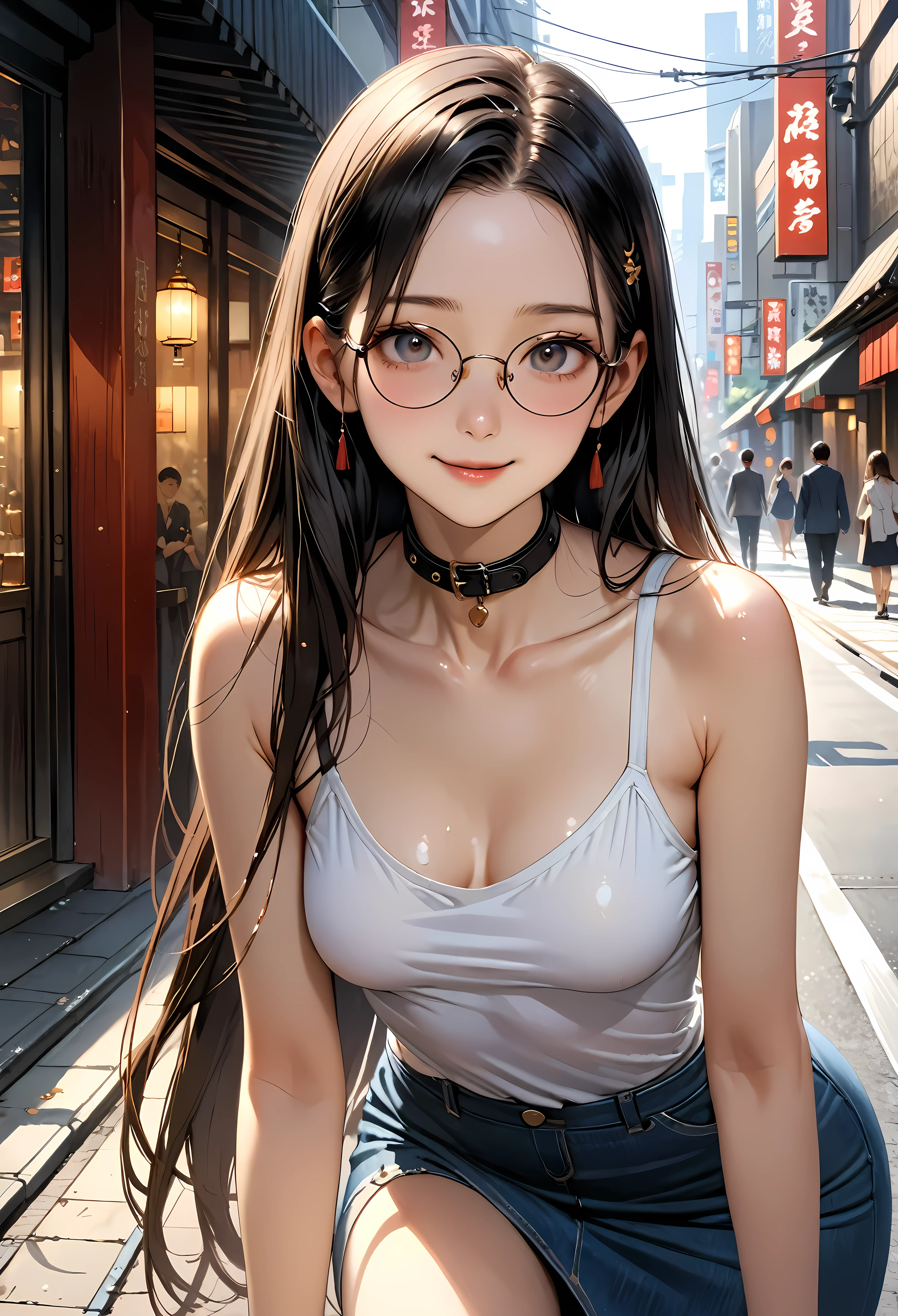 ((masterpiece,Highest quality;1.3,best illustration,realistic)),1woman、solo,22 year old beauty,((very small head:1.1)),center parted bangs,forehead,black hair,long hair,black eyes,gorgeous eyes,Black-rimmed glasses、shy,smile,medium breasts,((very long body)),((toned body,slender body,skinny)),gleaming skin,shiny skin,oily skin,(White formal shirt with collar)、Denim skirt、on street,Tokyo、