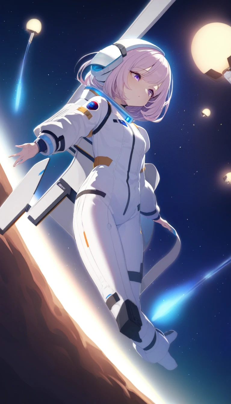 Pre-Girl, Floating in space, Wearing a space suit, Science, Huge space city, The lighting is gorgeous, The helmet has a light, Bring a jetpack, Mole under the eye, Purple eyes, Long eyelashes, Decided, Contemplative, Anatomically correct, masterpiece, Highest quality
