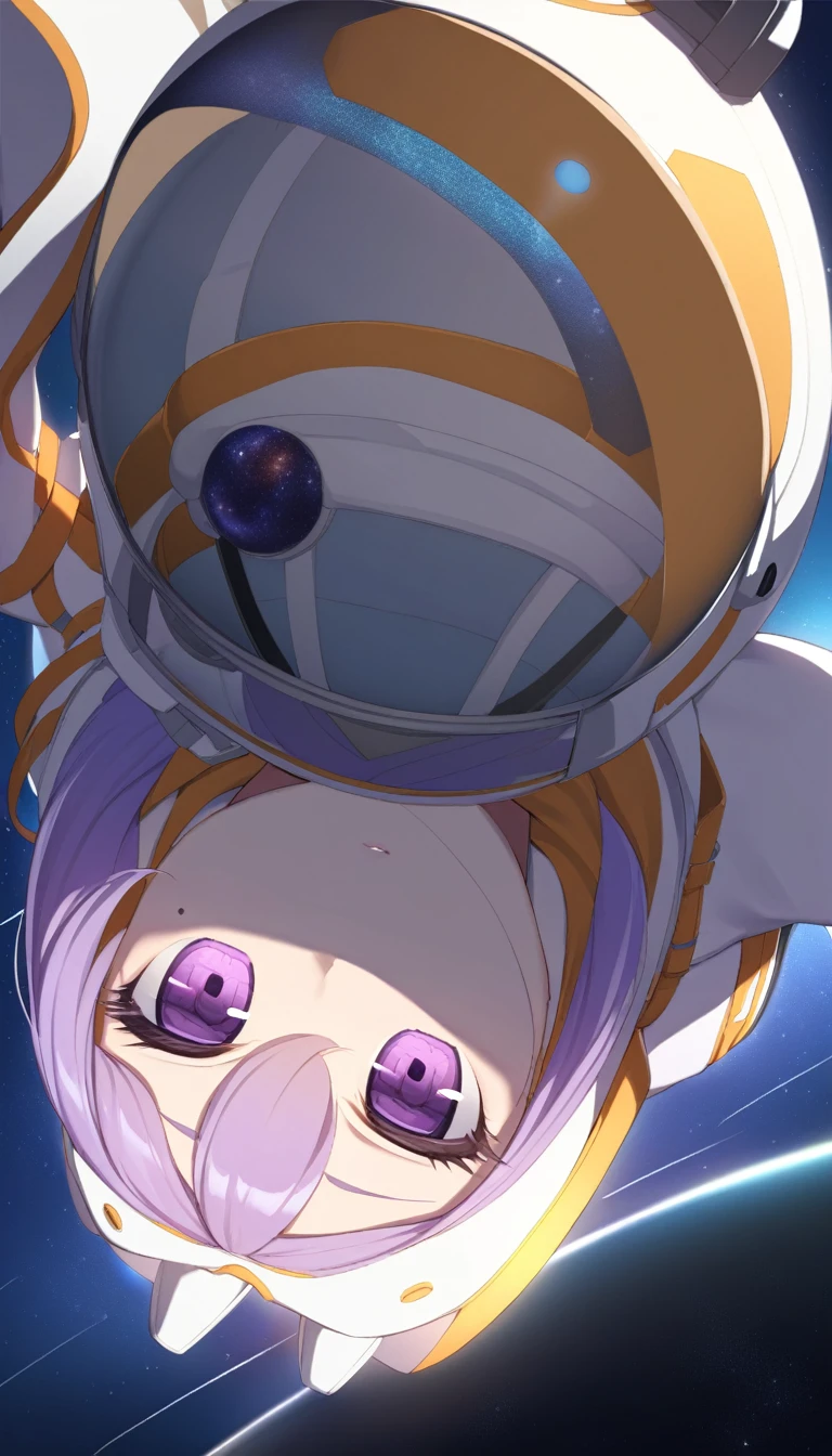 Pre-Girl, Floating in space, Wearing a space suit, Science, Huge space city, The lighting is gorgeous, The helmet has a light, Bring a jetpack, Mole under the eye, Purple eyes, Long eyelashes, Decided, Contemplative, Anatomically correct, masterpiece, Highest quality
