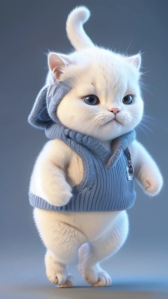 “A unique and dynamic depiction of a white cat wearing a blue judo uniform standing in a human-like posture with feet shoulder-width apart and arms down, high-definition, 8K image, background with a grey gradient.”