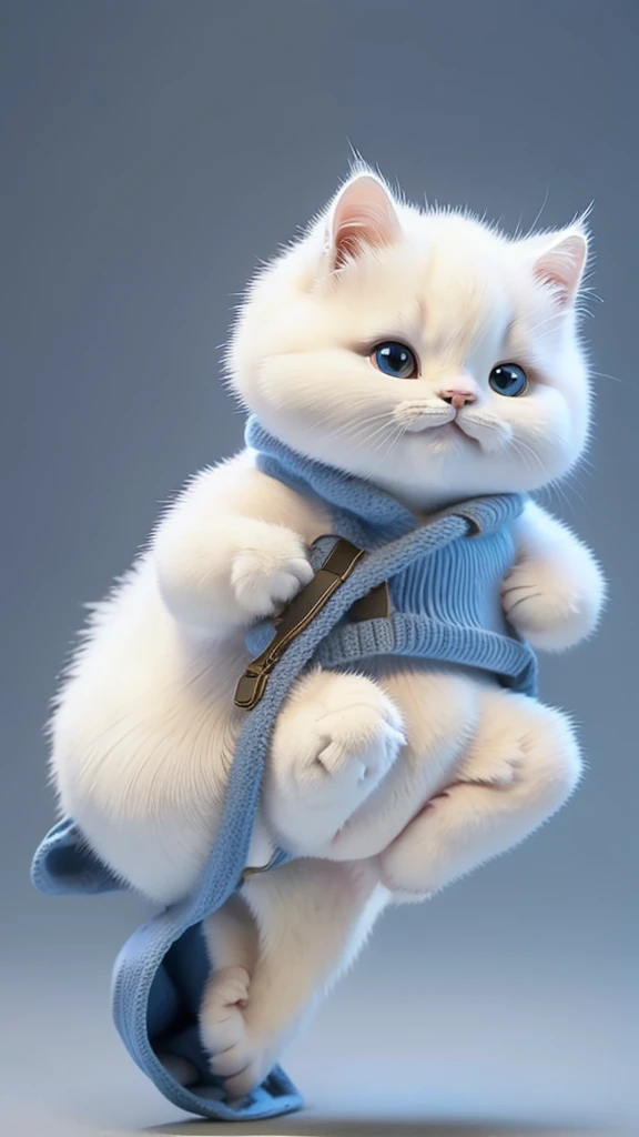 “A unique and dynamic depiction of a white cat wearing a blue judo uniform standing in a human-like posture with feet shoulder-width apart and arms down, high-definition, 8K image, background with a grey gradient.”