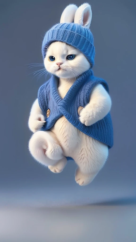 “A unique and dynamic depiction of a white cat wearing a blue judo uniform standing in a human-like posture with feet shoulder-width apart and arms down, high-definition, 8K image, background with a grey gradient.”