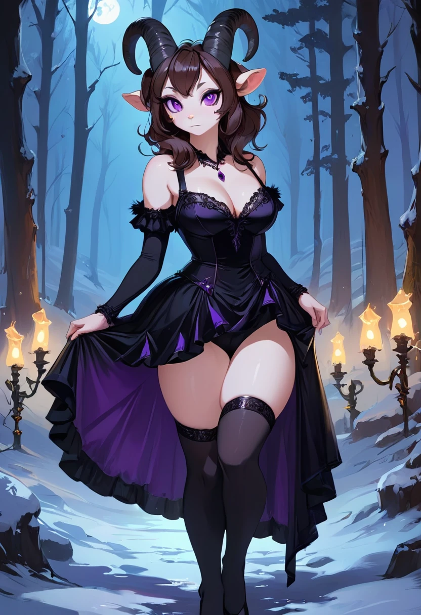 Satyr, female, purple skin, black fur, brown hair, black eyes, straight horns, vantablack dress. perky breasts, cleavage, Ultra HD, Rococo-Inspired Fantasy Art With Intricate Details. Cute, Charming Expression, Alluring-Gaze, looking at viewer Beautiful Eyes, An-Ideal-Figure. Large Youthful Well-Shaped-Breasts, Attractive ass showcased. Massive-Round-Bosom, Décolletage. slim waist, fit body, full lipsWarm lights , woman in a dreamy forest at night, (8K High Resolution) (top-quality)