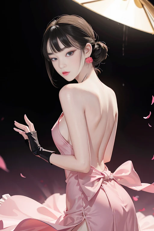 tsuruta ichiro, Narrow-eyed, 1girl in, Allback、deadpan、short-hair、shorth hair、brow、Reluctance、A dark-haired、Tucked Hair Solo, Cowgirl, Onepiece, ((mideum breasts)), Thin slit eyes、Black eyes, Light shines on the eyes、Black hair, gloves, Dress, Luxurious Jewelry, earrings, sharp eye、 elbow groves,Raise your hands and tie your hair back, random color, random color dress, Makeup for long eyes, Slender eyes、lip stick, Complex petal pattern, Rim Light, Back Light, pastel color,Studio Lighting