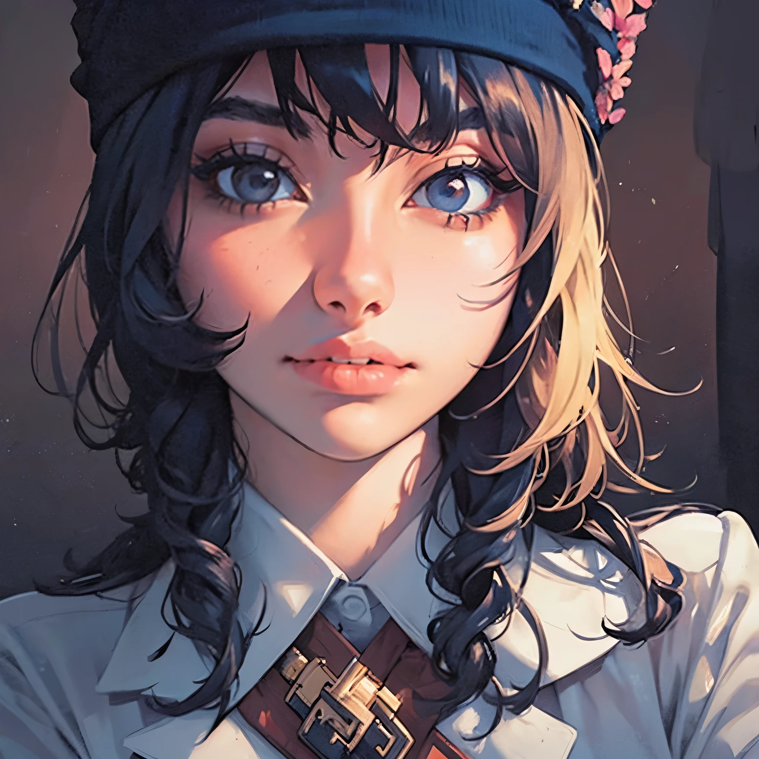 (Front Focus), (In the Dark: 1.6), Surrealistic Female Portraits by David Hockney and Alphonse Mucha, Perfect Beauty 1:1 Fantasy Art, Photo Realism, Dynamic Lighting, ArtStation, Poster, Volumetric Lighting, Very Detailed Faces, 4 K, Award-Awarded, 1girl, In the Dark, Deep Shadow, Low Key, Cowboy Shot, (Official Uniform: 1.4), Long Hair,