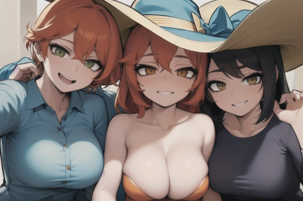 three sexy women who are wives of boy, looking at camera, cute smiles, portrait, curly orange hair colors, opened mouths moaning, glasses, sunhats