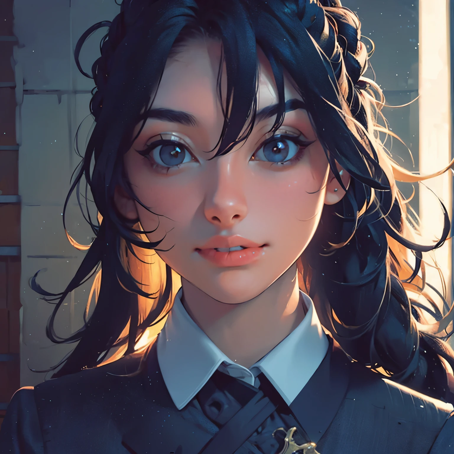 (Front Focus), (In the Dark: 1.6), Surrealistic Female Portraits by David Hockney and Alphonse Mucha, Perfect Beauty 1:1 Fantasy Art, Photo Realism, Dynamic Lighting, ArtStation, Poster, Volumetric Lighting, Very Detailed Faces, 4 K, Award-Awarded, 1girl, In the Dark, Deep Shadow, Low Key, Cowboy Shot, (Official Uniform: 1.4), Long Hair,