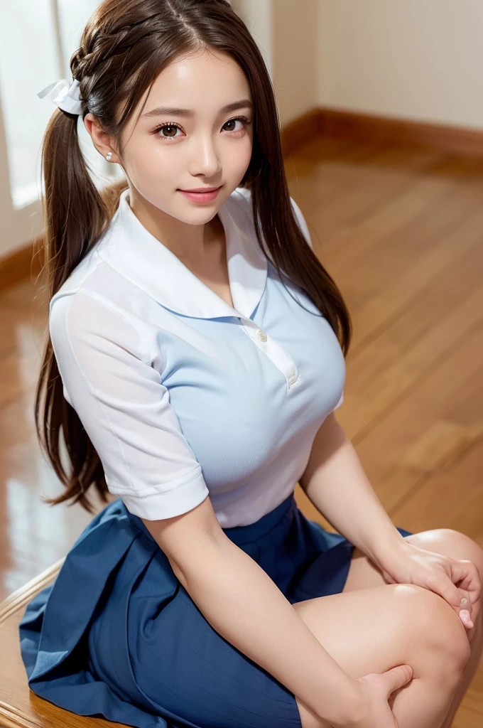 ((highest quality, 8K, masterpece :1.4,アニメ)), highest real,Sharpness:1.3, Perfect Body Beauty:1.4,super detailed face and skin texture,((Super Real,best quality)),(soft lighting),super detailed face, fine eyes, double eyelid,(ass pov),(((1 girl))),((make eye contact with the audience)),((Composition from the above:1.2)),fine detail,highly detailed face and eyes, (cute face:1.6), ((NSFW:1.5)), my sister,18years old,(huge breasts :1.8,beautiful areola,small areola),(Glowing skin),---//background//---(Inside the room, bright room, large windows, sunlight shines in)---//Hairstyle//---(Beautiful BROWN hair:1.2,pony tails, Braided hair)---//expression//---(SMILE FACE:1.4)---//Pause//---(sitting,leaning forward,hands on breasts),((close up face:1.4,upper body:1.4))---//clothing//---((school uniform:1.4,sailor suit:1.4,BLUE SKIRT:1.2,WHITE SHIRTS:1.2)),