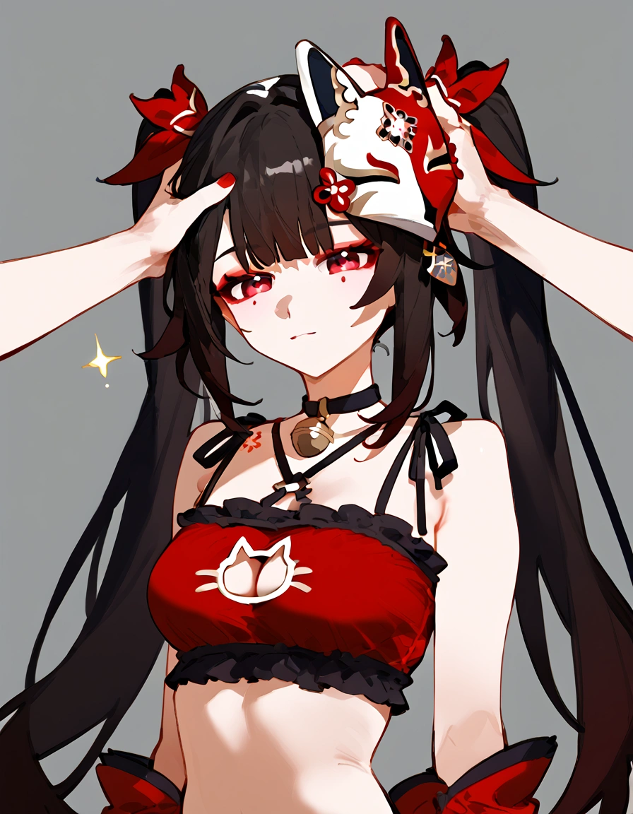 anime artwork, score_9, score_8_up, score_7_up, score_6_up, score_5_up, score_4_up,sparkle \(honkai: star rail\),1girl, twintails, black hair, medium breasts, red eyes, red eyeshadow, fox mask,
, , , , she is 24 years old, , ,horny, , , , style_3, ,,, floox style, grey background,headpat, cat lingerie, disembodied hand