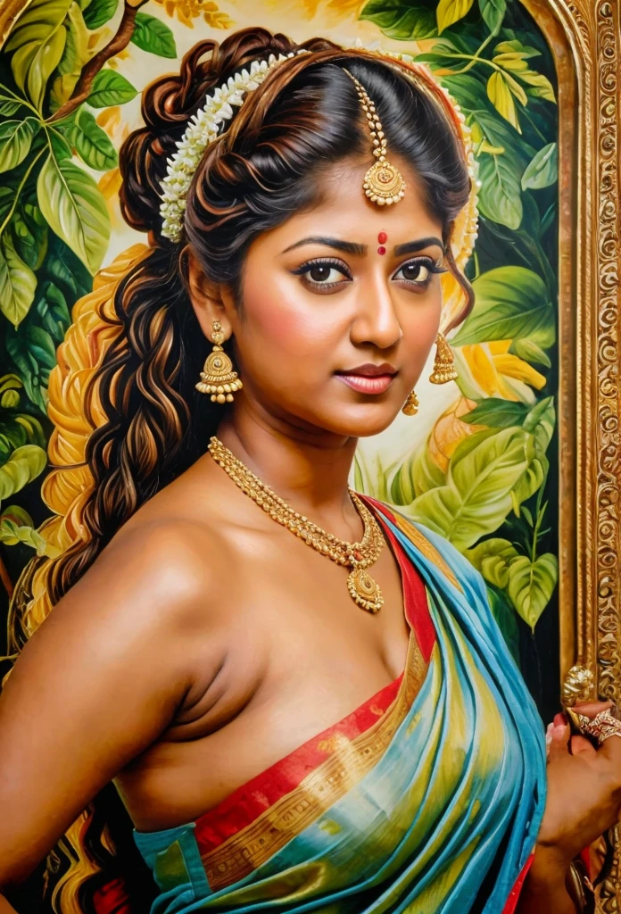 Looks like Nayanthara, exotic Indian art, inspired by oviyar maruthi style painting, inspired by mohanan manimala, Full figured beautiful woman, Apsara, Masterpiece, Beautiful Thick Woman, Best quality, high clarity eyes, critically flawless,sharp picture, Full portrait, High pixels, perfect face, perfect eyes, beautiful face, perfect hands,perfect fingers, in Peter Paul Rubens style, by Peter Paul Rubens, baroque style, acrylic on canvas, highly detailed, description: "Create a nymph inspired by the tales of Greek or Roman mythology, embodying the essence of a natural element or location, and possessing a unique ability or trait that sets her apart."