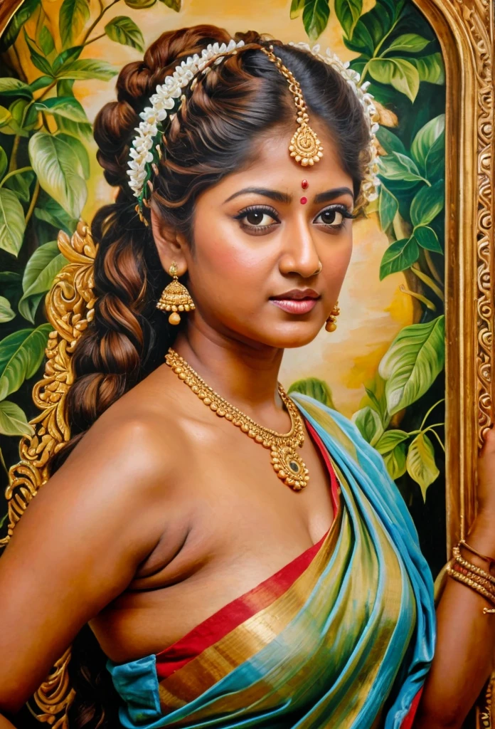 Looks like Nayanthara, exotic Indian art, inspired by oviyar maruthi style painting, inspired by mohanan manimala, Full figured beautiful woman, Apsara, Masterpiece, Beautiful Thick Woman, Best quality, high clarity eyes, critically flawless,sharp picture, Full portrait, High pixels, perfect face, perfect eyes, beautiful face, perfect hands,perfect fingers, in Peter Paul Rubens style, by Peter Paul Rubens, baroque style, acrylic on canvas, highly detailed, description: "Create a nymph inspired by the tales of Greek or Roman mythology, embodying the essence of a natural element or location, and possessing a unique ability or trait that sets her apart."