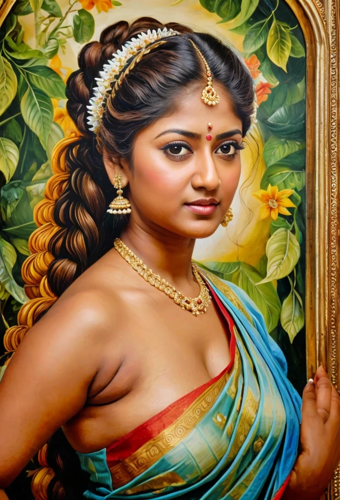 Looks like Nayanthara, exotic Indian art, inspired by oviyar maruthi style painting, inspired by mohanan manimala, Full figured beautiful woman, Apsara, Masterpiece, Beautiful Thick Woman, Best quality, high clarity eyes, critically flawless,sharp picture, Full portrait, High pixels, perfect face, perfect eyes, beautiful face, perfect hands,perfect fingers, in Peter Paul Rubens style, by Peter Paul Rubens, baroque style, acrylic on canvas, highly detailed, description: "Create a nymph inspired by the tales of Greek or Roman mythology, embodying the essence of a natural element or location, and possessing a unique ability or trait that sets her apart."