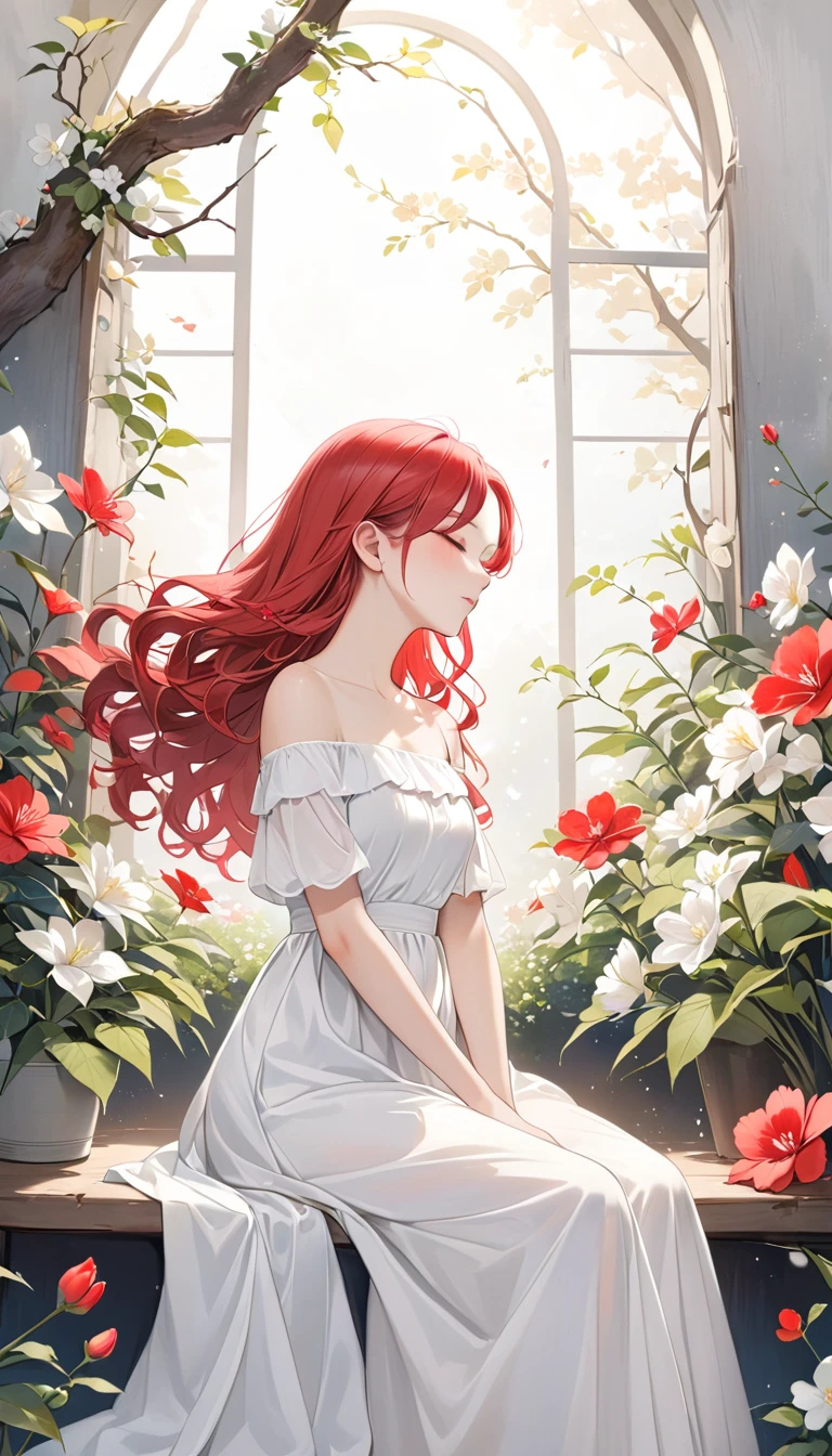 top quality、masterpiece、greyとredの調和アート、grey、Ideal Anatomy、Girl closes her eyes、Cute、14 years、profile、black off-the-shoulder dress、Seated Girl、The art of wabi-sabi、grey、red、white、Perfect artistic harmony、fantasy、vermilion flower、greyの葉、Humble flower、Simple configuration、背景はwhiteい壁です、redい花、greyの葉、space、(Red hair, Wavy hair)