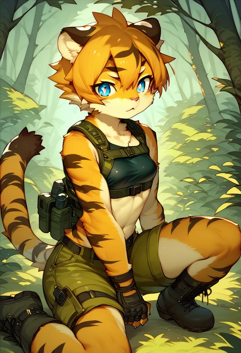 score_9, score_8_up) score_7_up, score_6_up, solo, tiger, kemono, anthro, cute, short hair, blue eyes, white pupils, sexy, orange fur, shorts, tactical harness, boots, assassin girl, sleeveless, (micro croptop), tactical gloves, small breasts, forest background, tied up,