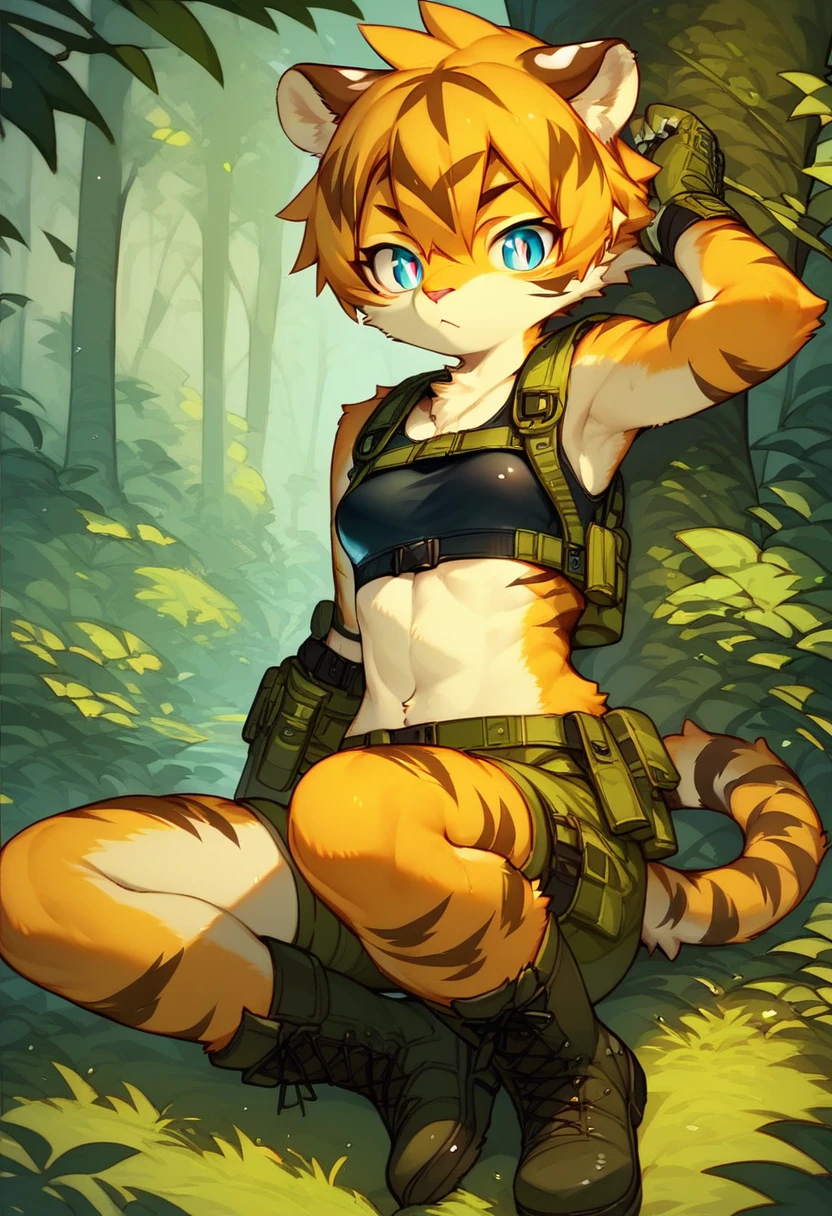 score_9, score_8_up) score_7_up, score_6_up, solo, tiger, kemono, anthro, cute, short hair, blue eyes, white pupils, sexy, orange fur, shorts, tactical harness, thigh high boots, assassin girl, sleeveless, (mesh body suit:1.2), tactical gloves, medium breasts, midriff, forest background,