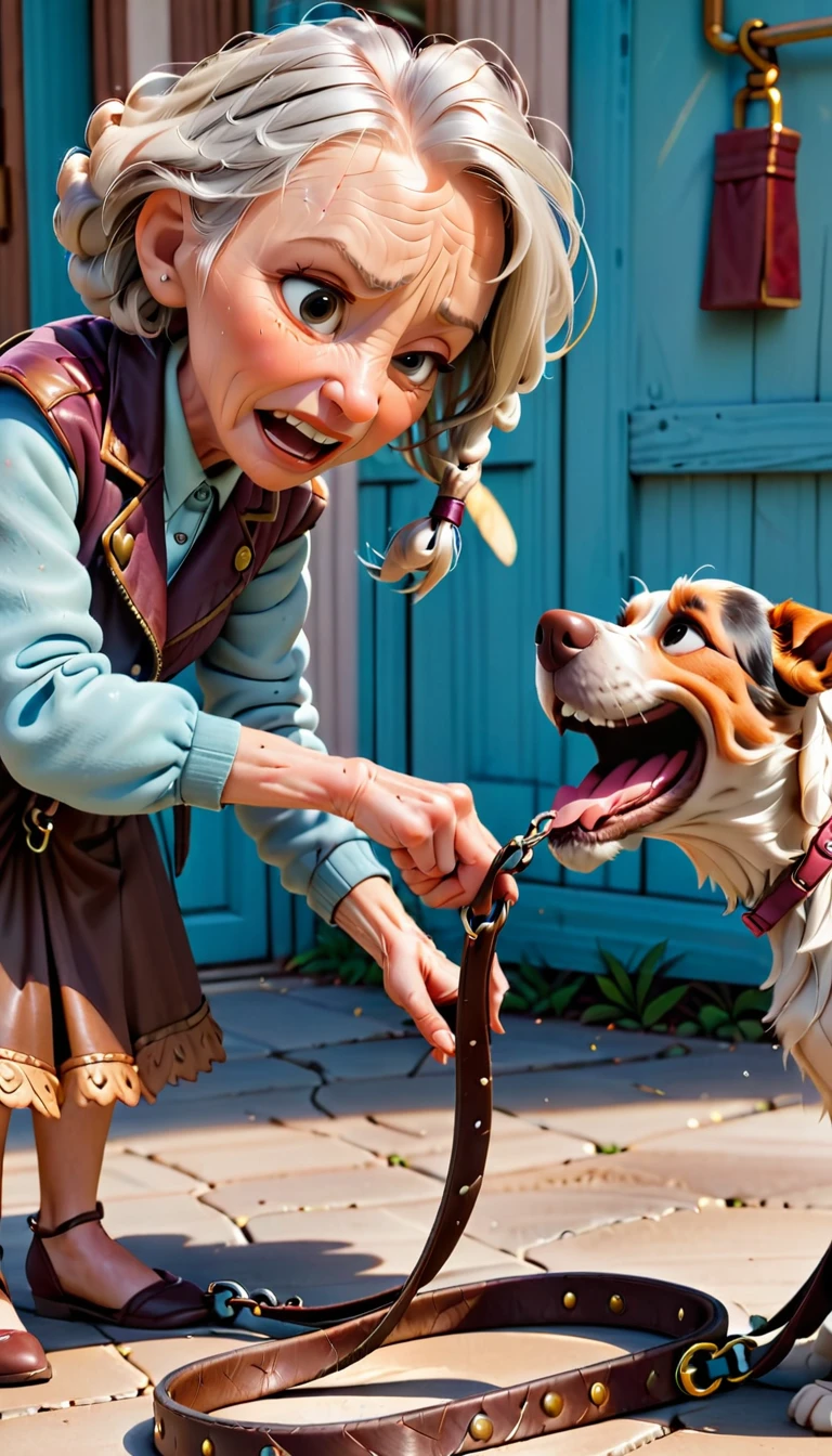 Close-up shot: Hands of an elderly woman (wrinkled, age spots) gently stroking a worn-out leather dog leash. The leash has visible fraying and a few teeth marks near the handle.