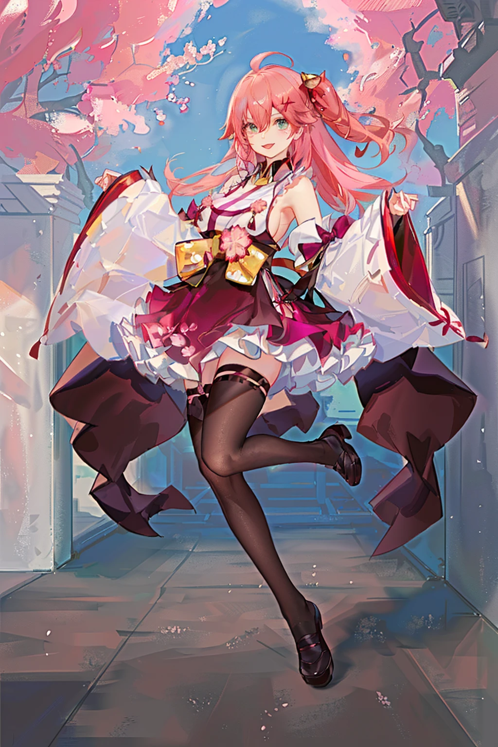 masterpiece, best quality, highres, miko1, sakura_miko, 1girl, big_boobs, solo, ahoge, x_hair_ornament, pink_hair, floral print, hairclip,(side_less_clothes:1.5), (side_boobs:1.5), hair_bell, floral print, long_hair, hair between eyes, one side up, white thighhighs, asymmetrical legwear, wide sleeves, open_mouth,(happy:1.3),gleen_eyes,big_smile,(rise_leg:1.3),plump,apart_legs,(overly_long_sleeves:1.3),),sleeves_past_wrists,hands_hidden_sleeves,sidelock_clothes,dynamic_posing,solo,hidden_wrists,(XD:1.4),covered_nipples,sunlight,cherryblossom_background,