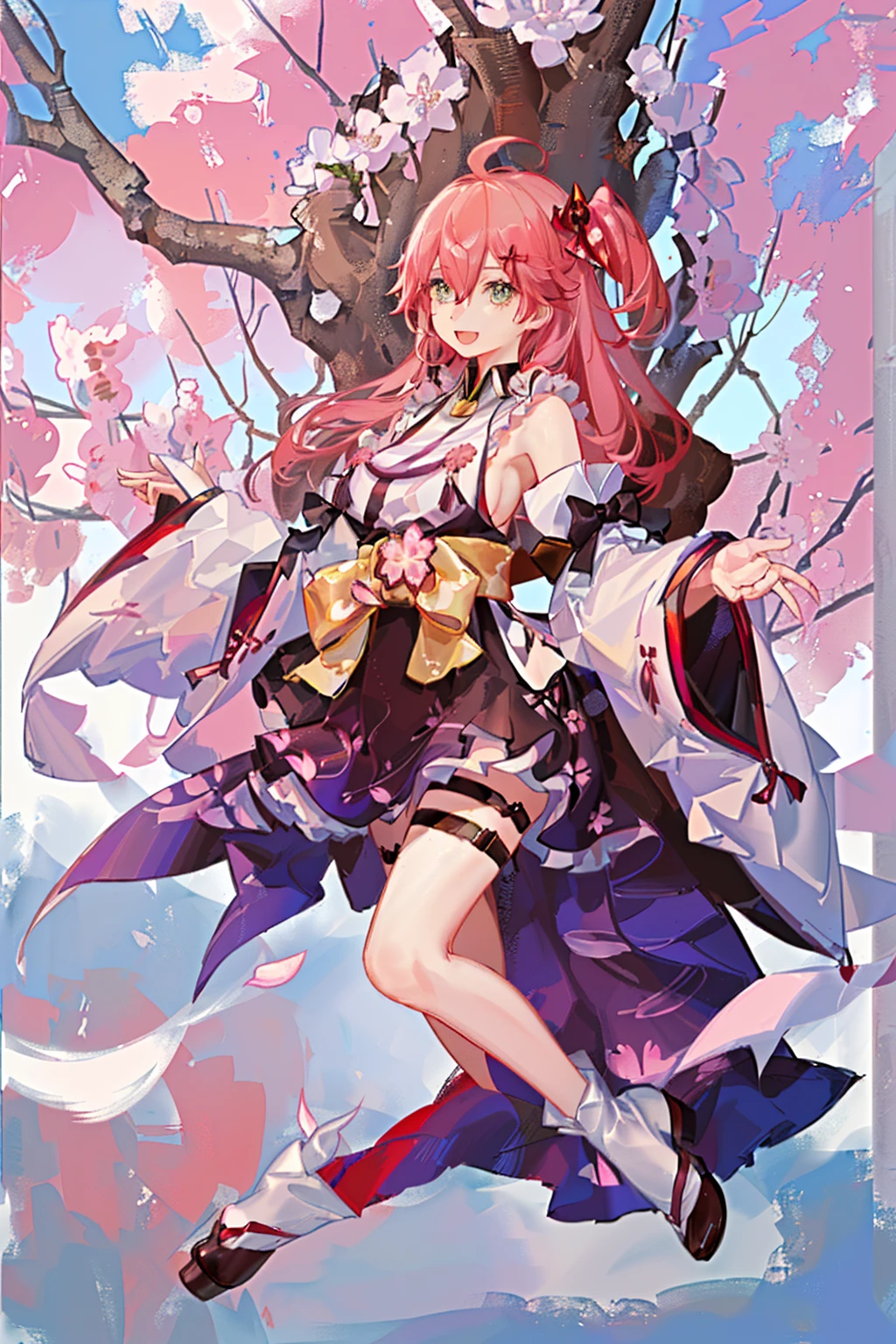 masterpiece, best quality, highres, miko1, sakura_miko, 1girl, big_boobs, solo, ahoge, x_hair_ornament, pink_hair, floral print, hairclip,(side_less_clothes:1.5), (side_boobs:1.5), hair_bell, floral print, long_hair, hair between eyes, one side up, white thighhighs, asymmetrical legwear, wide sleeves, open_mouth,(happy:1.3),gleen_eyes,big_smile,(rise_leg:1.3),plump,apart_legs,(overly_long_sleeves:1.3),),sleeves_past_wrists,hands_hidden_sleeves,sidelock_clothes,dynamic_posing,solo,hidden_wrists,(XD:1.4),covered_nipples,sunlight,cherryblossom_background,