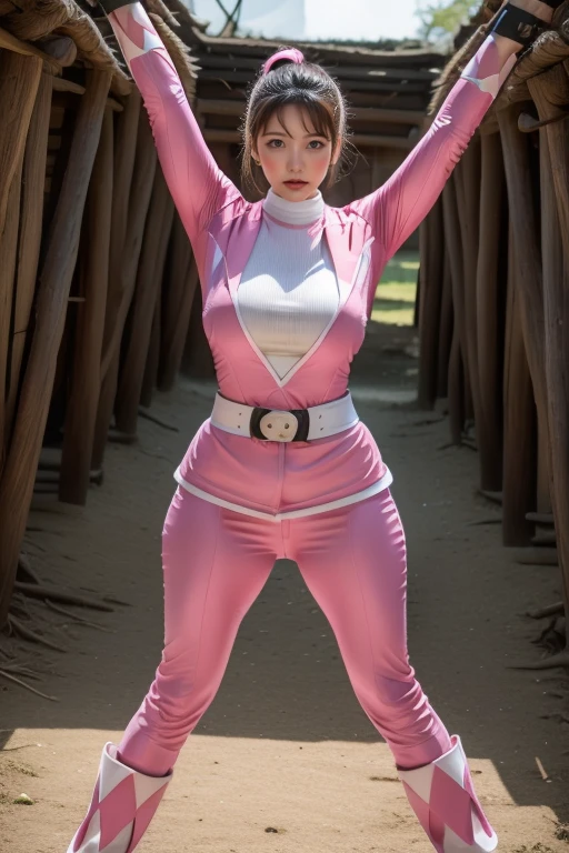 pink theme,pink ranger suit、curvy, big breats, full body, tied on Saint Andrew's cross in X position