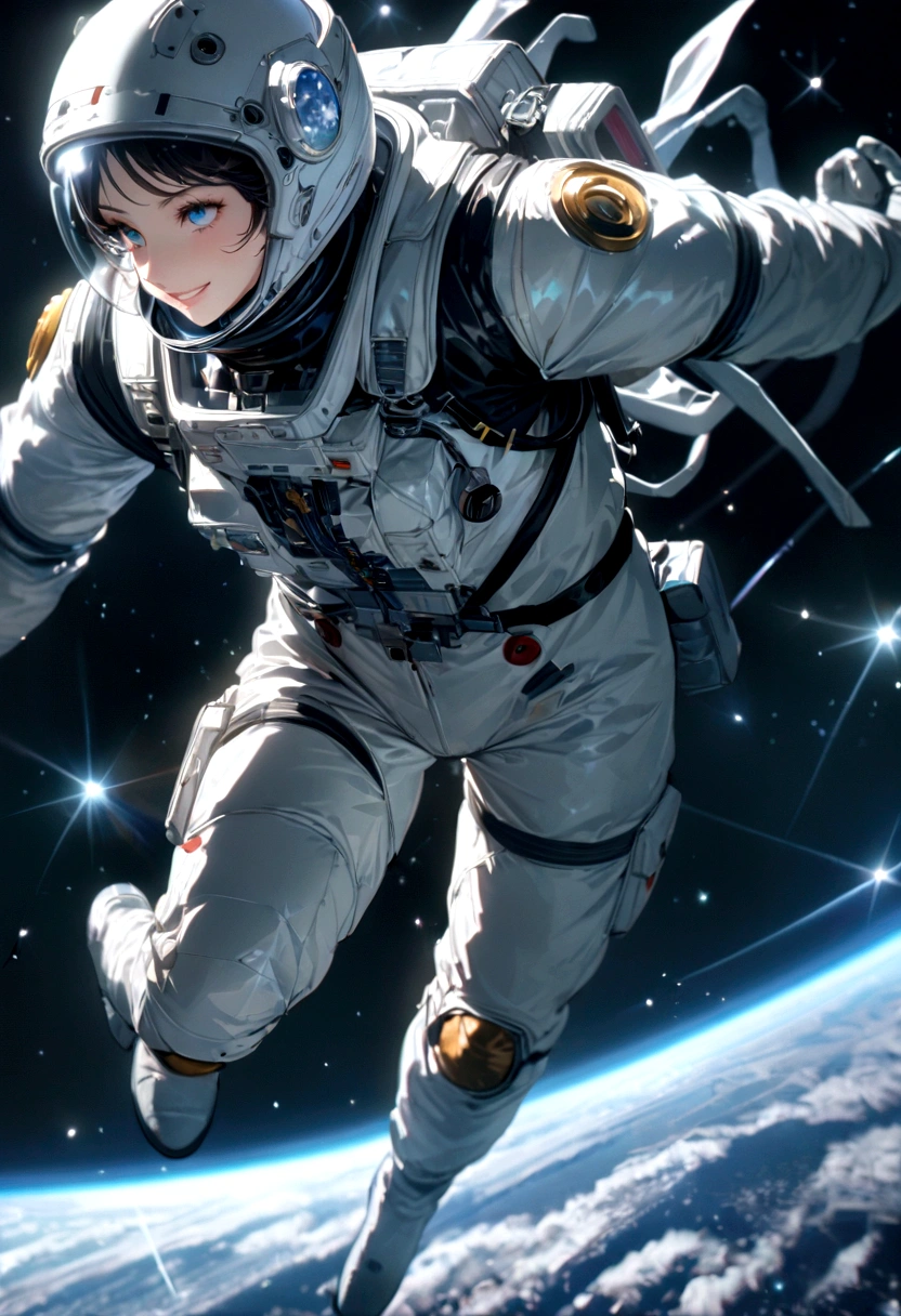 astronaut, intricate detail, Highly Detailed beautiful and aesthetic, amazing quality, (masterpiece), (high quality), wallpaper 8K CG, high resolution, extremely detailed, photorealistic, wide-angle, depthoffield, beautiful detailed fullbody, single human girl, extremely beautiful detailed face and eyes, grin, Beautiful detailed gemological eyes, beautiful detailed face in aerospace helmet, silver aerospace suit, cosmonaut, (The earth looks small), Floating in space, countless stars, innumerable stars, grand space, delicate background, luminous particles, complex details,